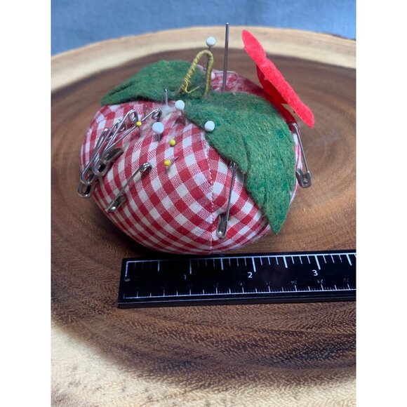 Vintage Gingham Tomato Pin Cushion with Safety Pins & Pins - Picture 7 of 14